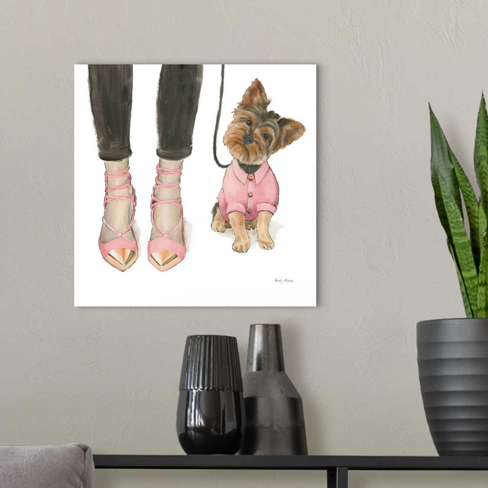 A modern room featuring Decorative illustration of a yorkshire terrier next to pink and gold high heels.
