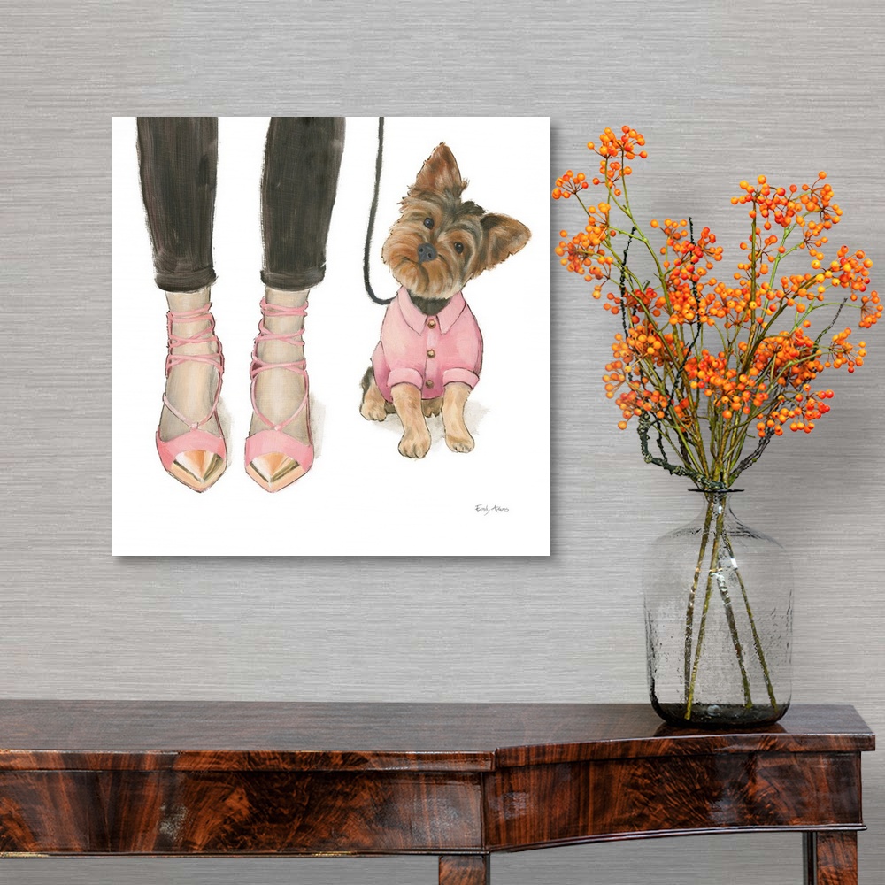 A traditional room featuring Decorative illustration of a yorkshire terrier next to pink and gold high heels.