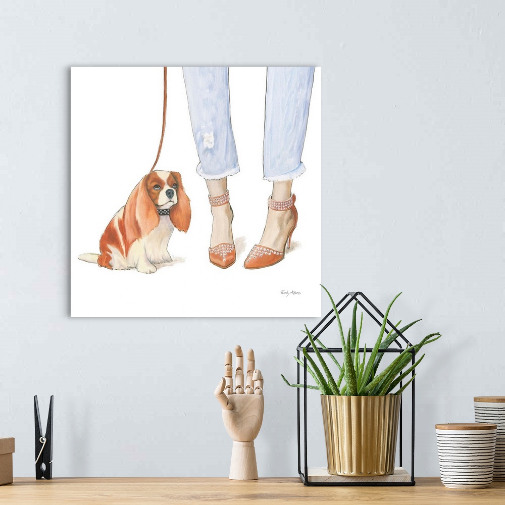 A bohemian room featuring Decorative illustration of a cavalier king charles spaniel and brown high heels with studs.