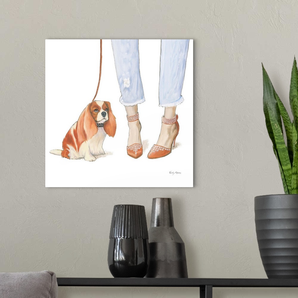 A modern room featuring Decorative illustration of a cavalier king charles spaniel and brown high heels with studs.