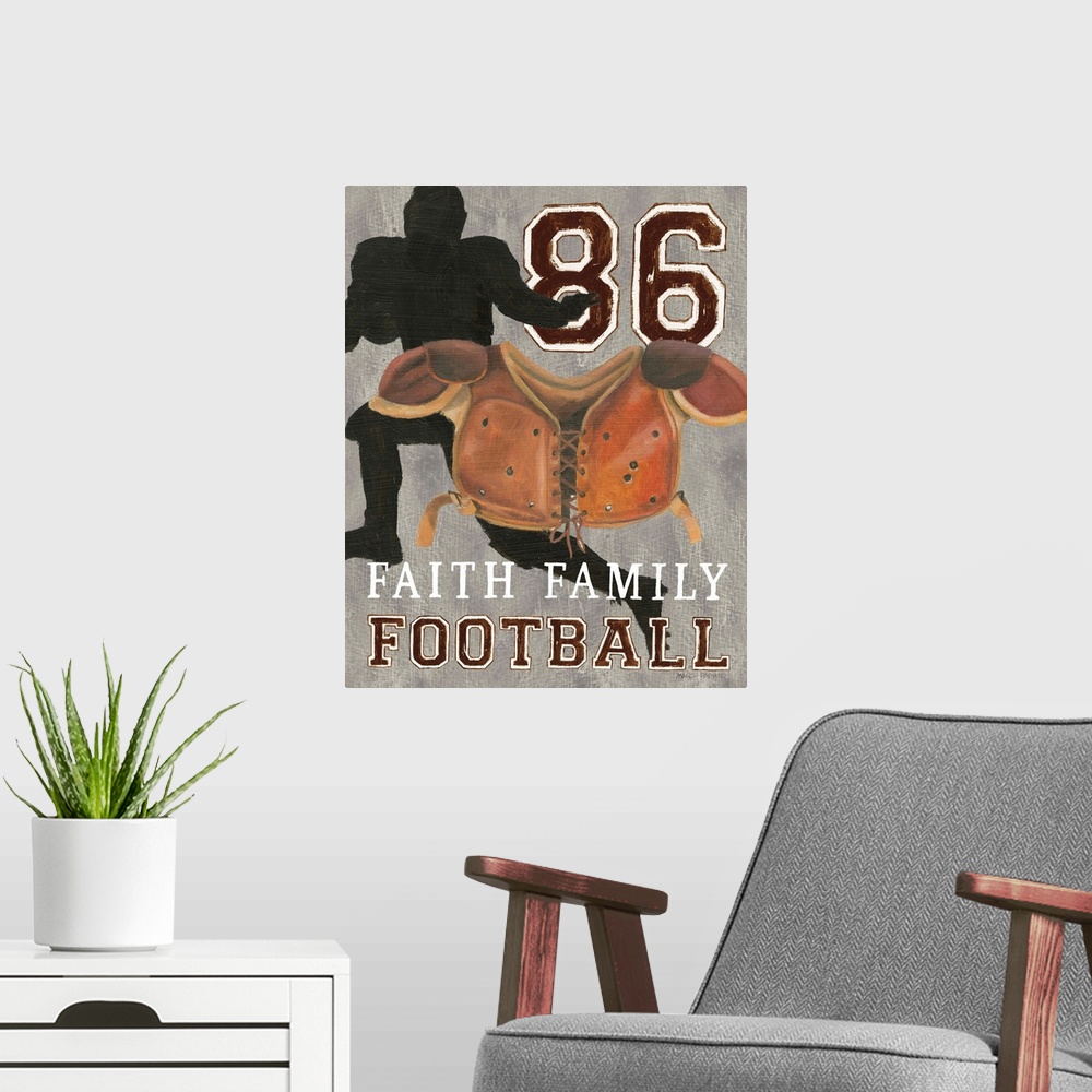 A modern room featuring 'Faith Family Football'