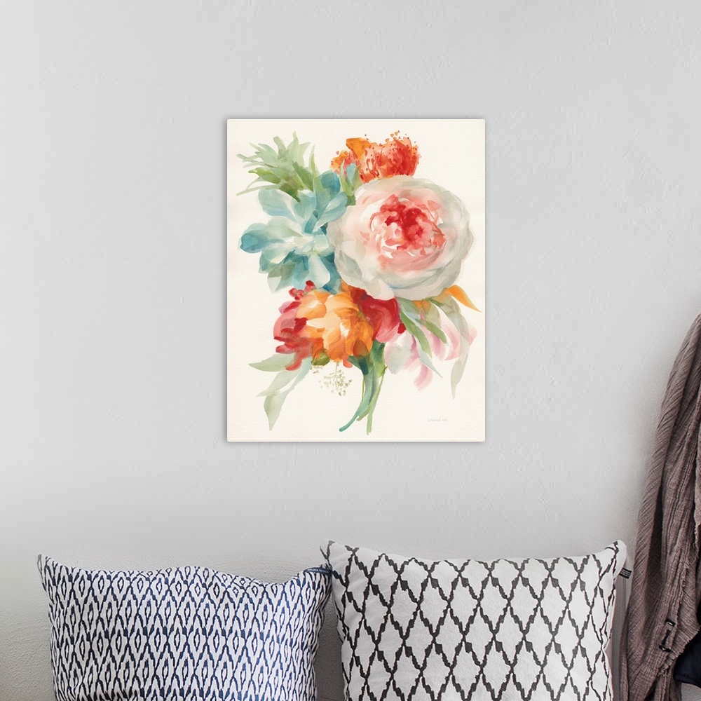 A bohemian room featuring Vertical watercolor painting of a variety of flowers in pastel colors.