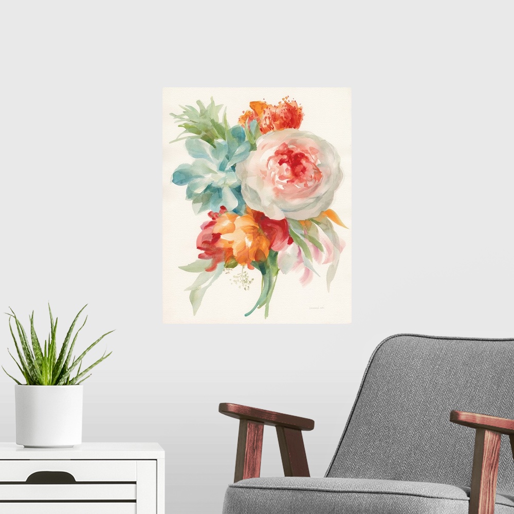 A modern room featuring Vertical watercolor painting of a variety of flowers in pastel colors.