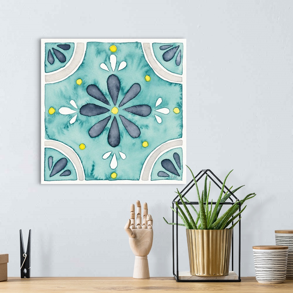 A bohemian room featuring Garden style watercolor tile made with shades of blue, gray, yellow, and white on a square canvas.
