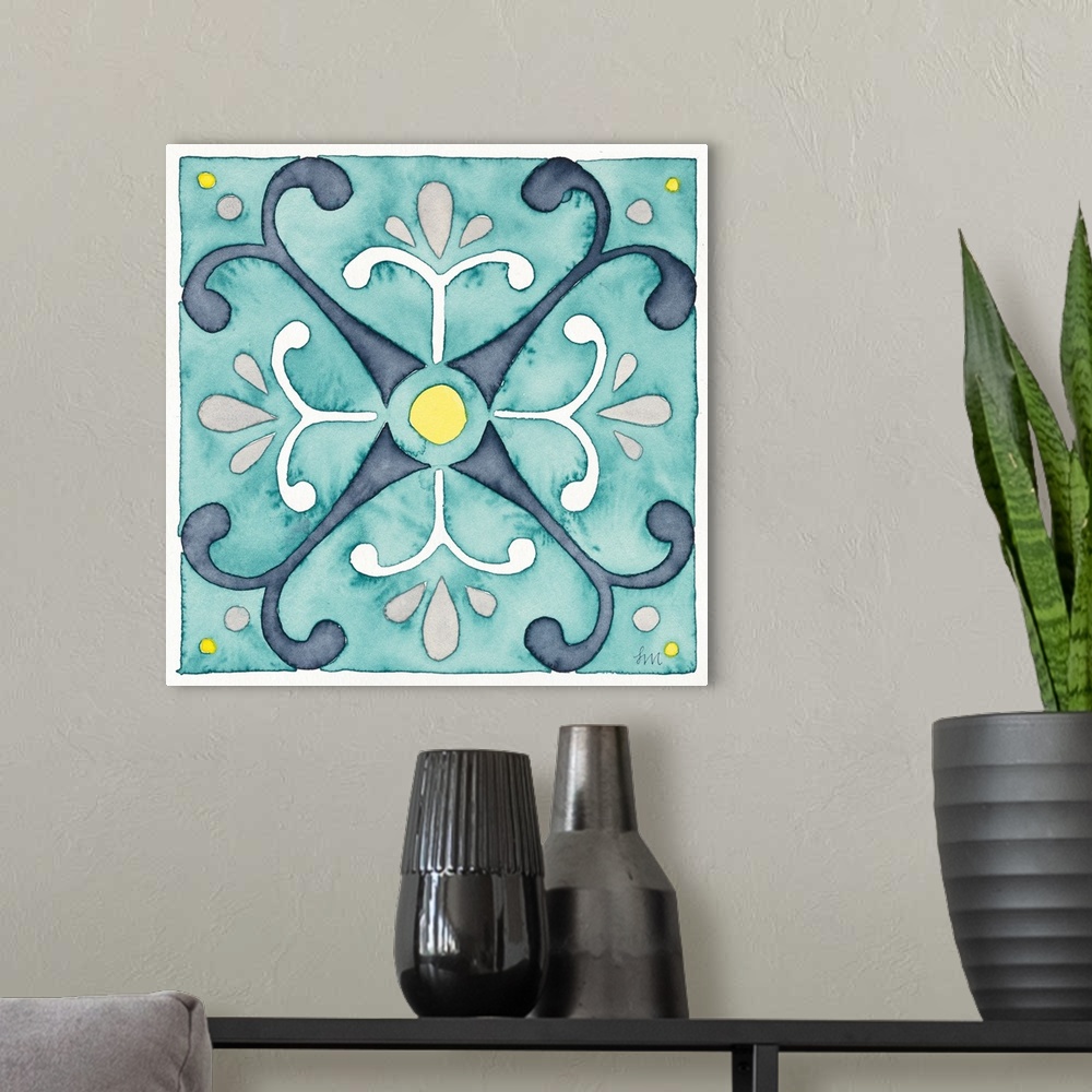 A modern room featuring Garden style watercolor tile made with shades of blue, gray, yellow, and white on a square canvas.