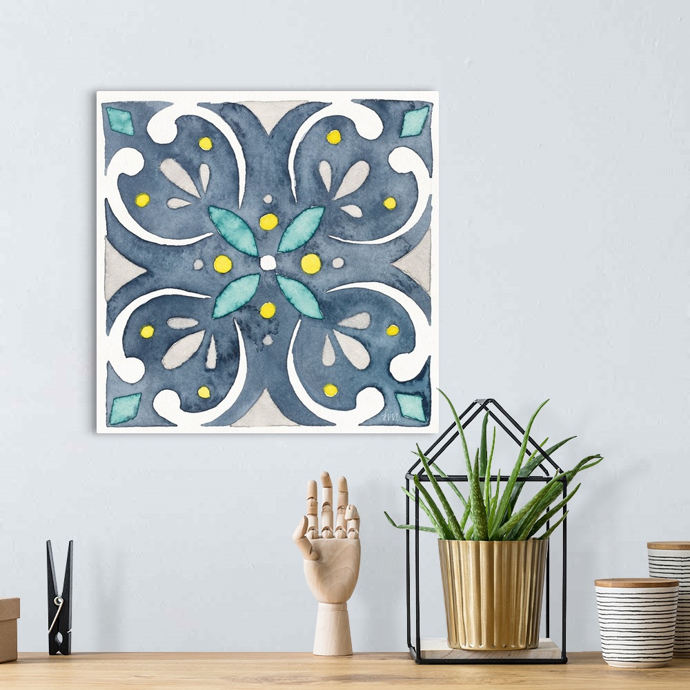 A bohemian room featuring A square watercolor floral design in the style of tile in varies shades of blue.