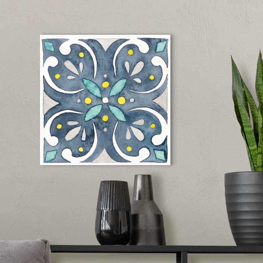 A modern room featuring A square watercolor floral design in the style of tile in varies shades of blue.