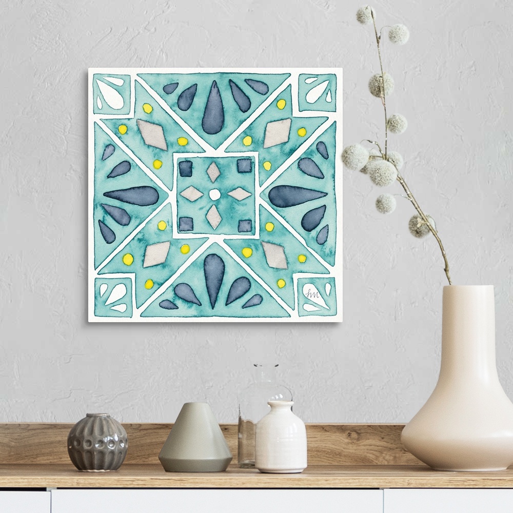 A farmhouse room featuring Garden style watercolor tile made with shades of blue, gray, yellow, and white on a square canvas.