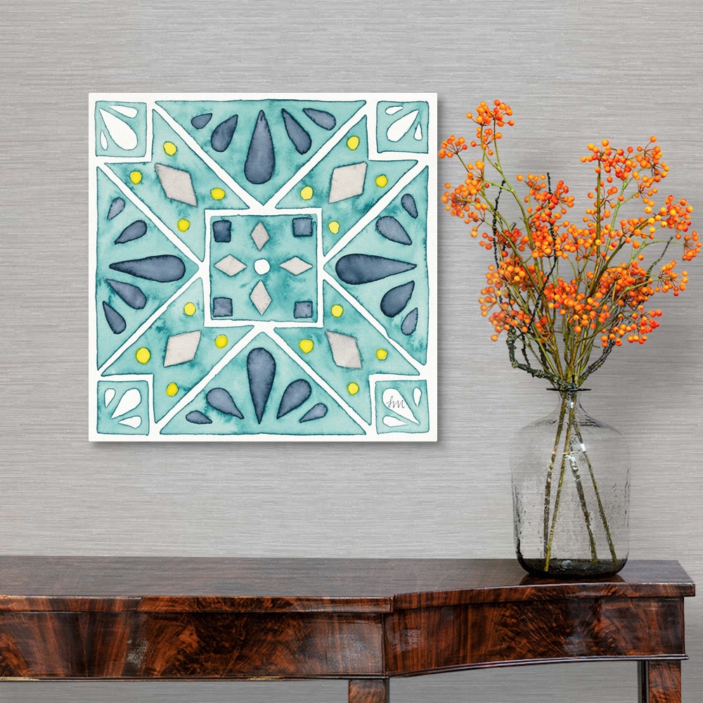 A traditional room featuring Garden style watercolor tile made with shades of blue, gray, yellow, and white on a square canvas.