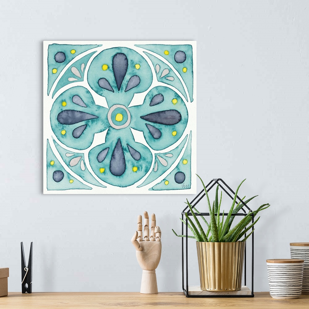 A bohemian room featuring Garden style watercolor tile made with shades of blue, gray, yellow, and white on a square canvas.