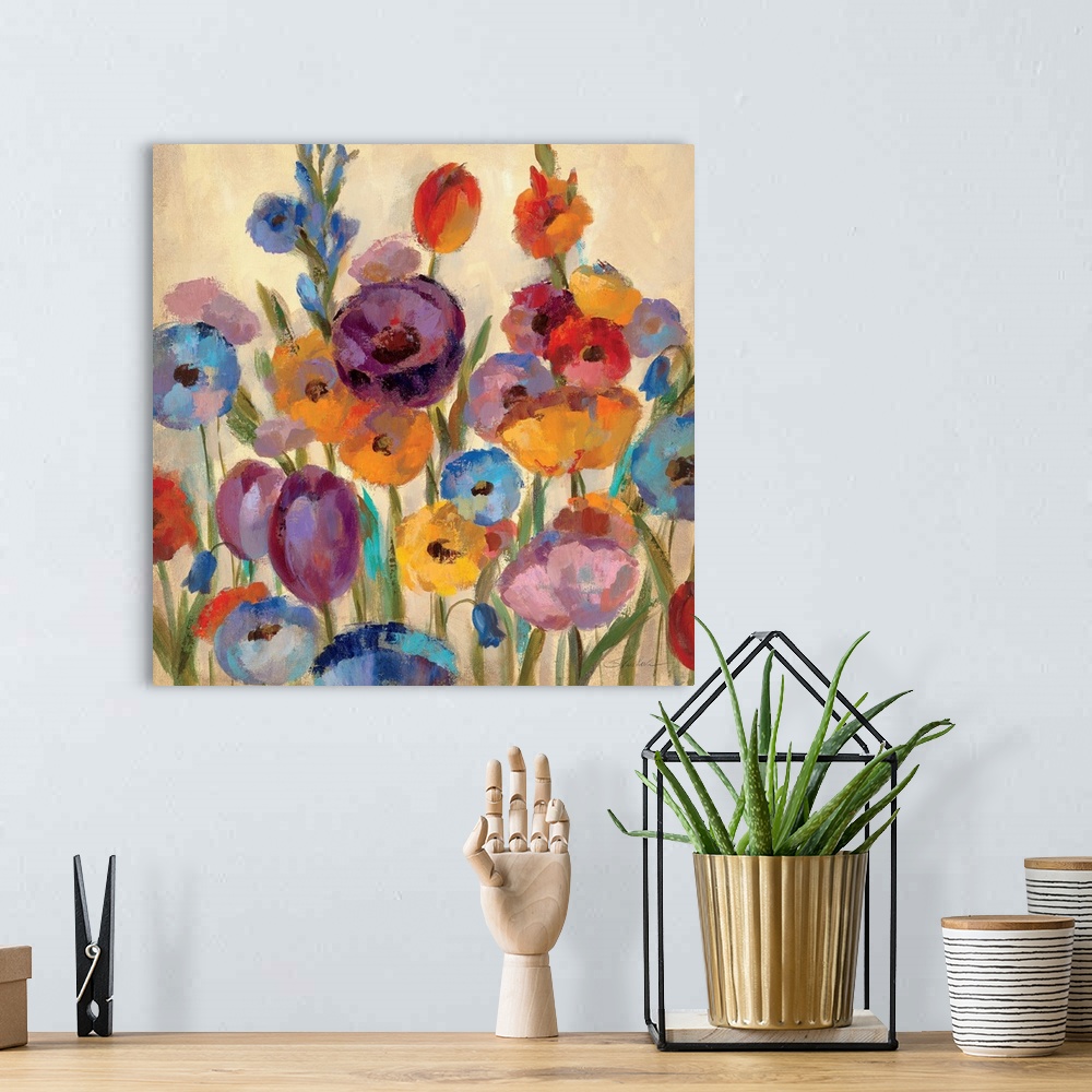 A bohemian room featuring Big contemporary art depicts an arrangement of vividly colored flowers and buds in cool tones as ...