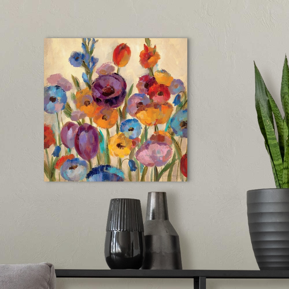 A modern room featuring Big contemporary art depicts an arrangement of vividly colored flowers and buds in cool tones as ...