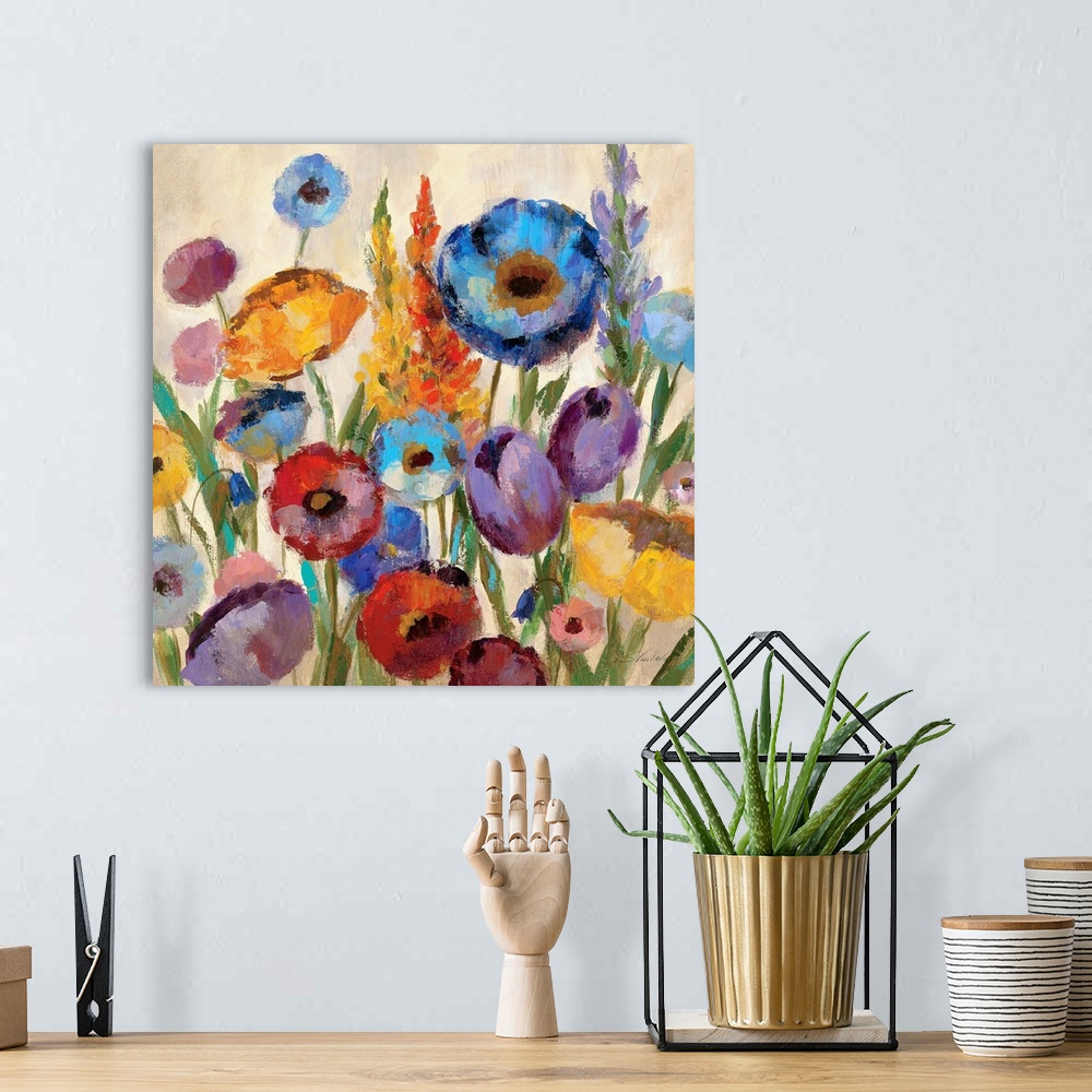 A bohemian room featuring Square, oversized wall painting of a large variety group of flowers in assorted colors on a tan b...