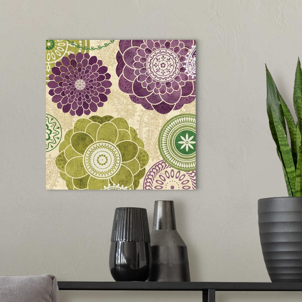 A modern room featuring Contemporary artwork of purple and green flowers hovering over a neutral toned patterned background.