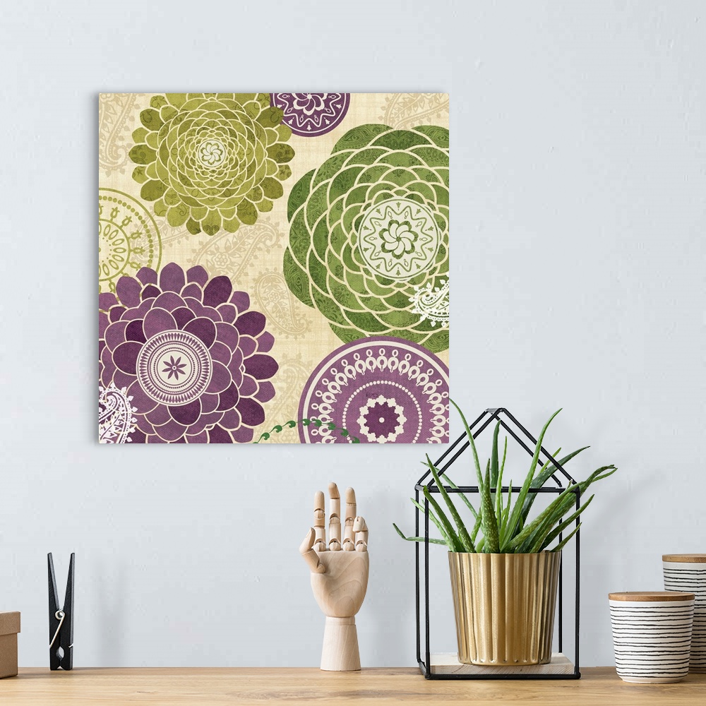 A bohemian room featuring Contemporary artwork of purple and green flowers hovering over a neutral toned patterned background.