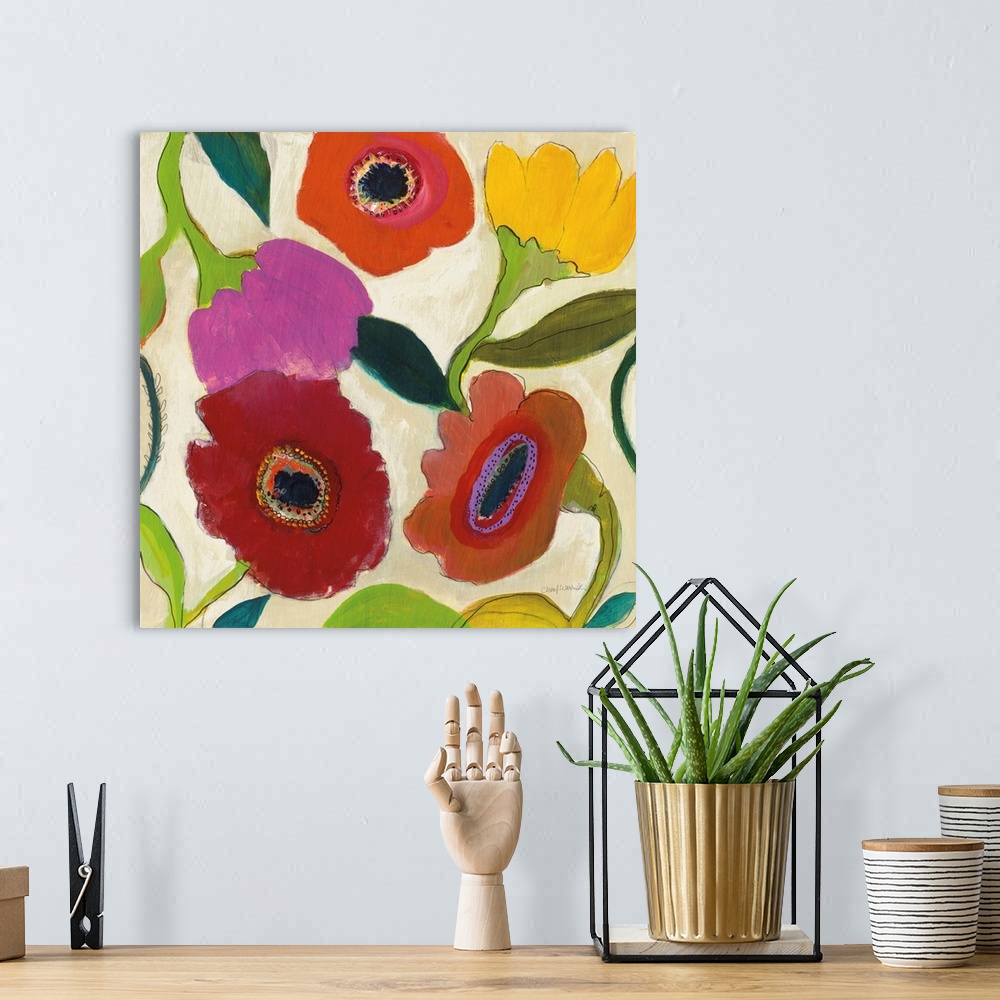 A bohemian room featuring A bright contemporary floral painting featuring large blooms in a very simple, whimsical style