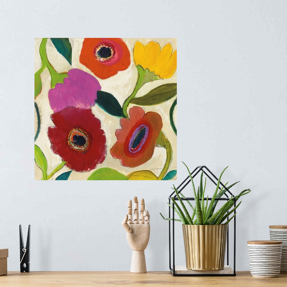 A bohemian room featuring A bright contemporary floral painting featuring large blooms in a very simple, whimsical style