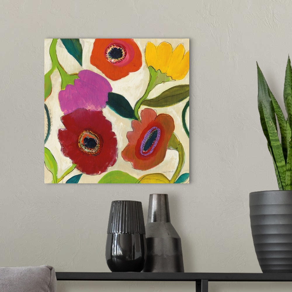 A modern room featuring A bright contemporary floral painting featuring large blooms in a very simple, whimsical style