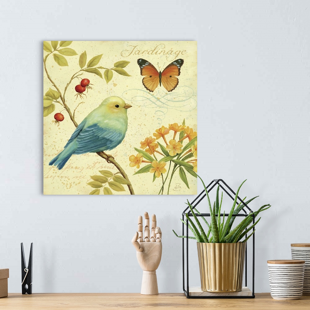 A bohemian room featuring Square painting on canvas of a bird sitting on a limb with a butterfly fluttering above.