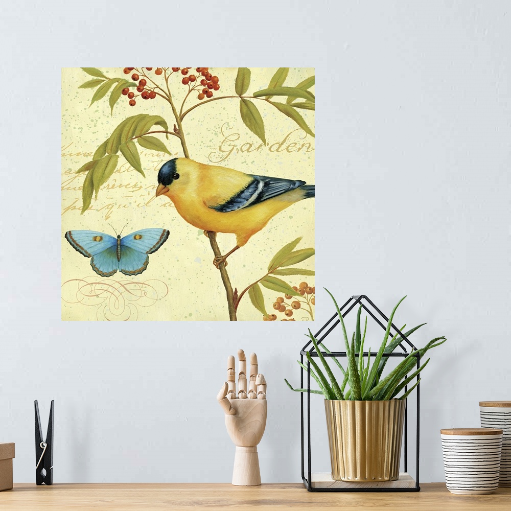 A bohemian room featuring Painting on a square canvas of a bird sitting on a branch looking at a butterfly.