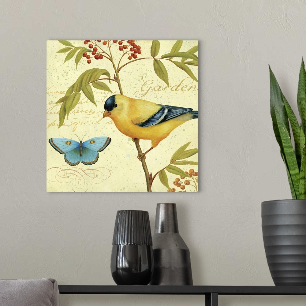 A modern room featuring Painting on a square canvas of a bird sitting on a branch looking at a butterfly.