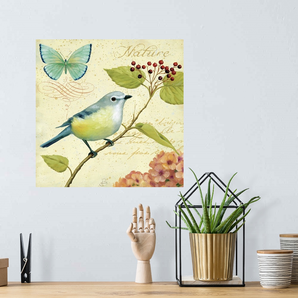 A bohemian room featuring Home docor art piece of a bird sitting on a single berry branch with a butterfly and hydrangea pl...