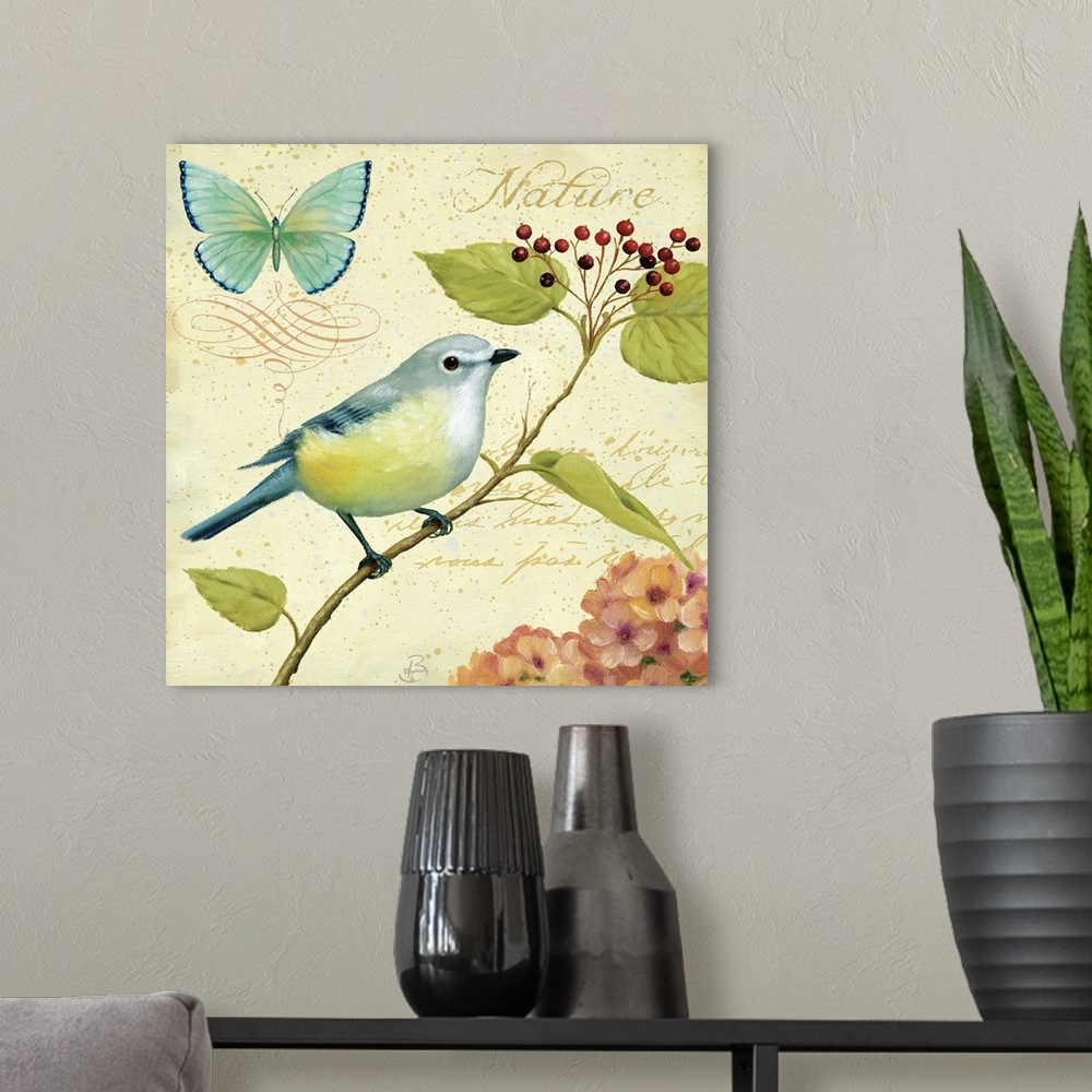 A modern room featuring Home docor art piece of a bird sitting on a single berry branch with a butterfly and hydrangea pl...