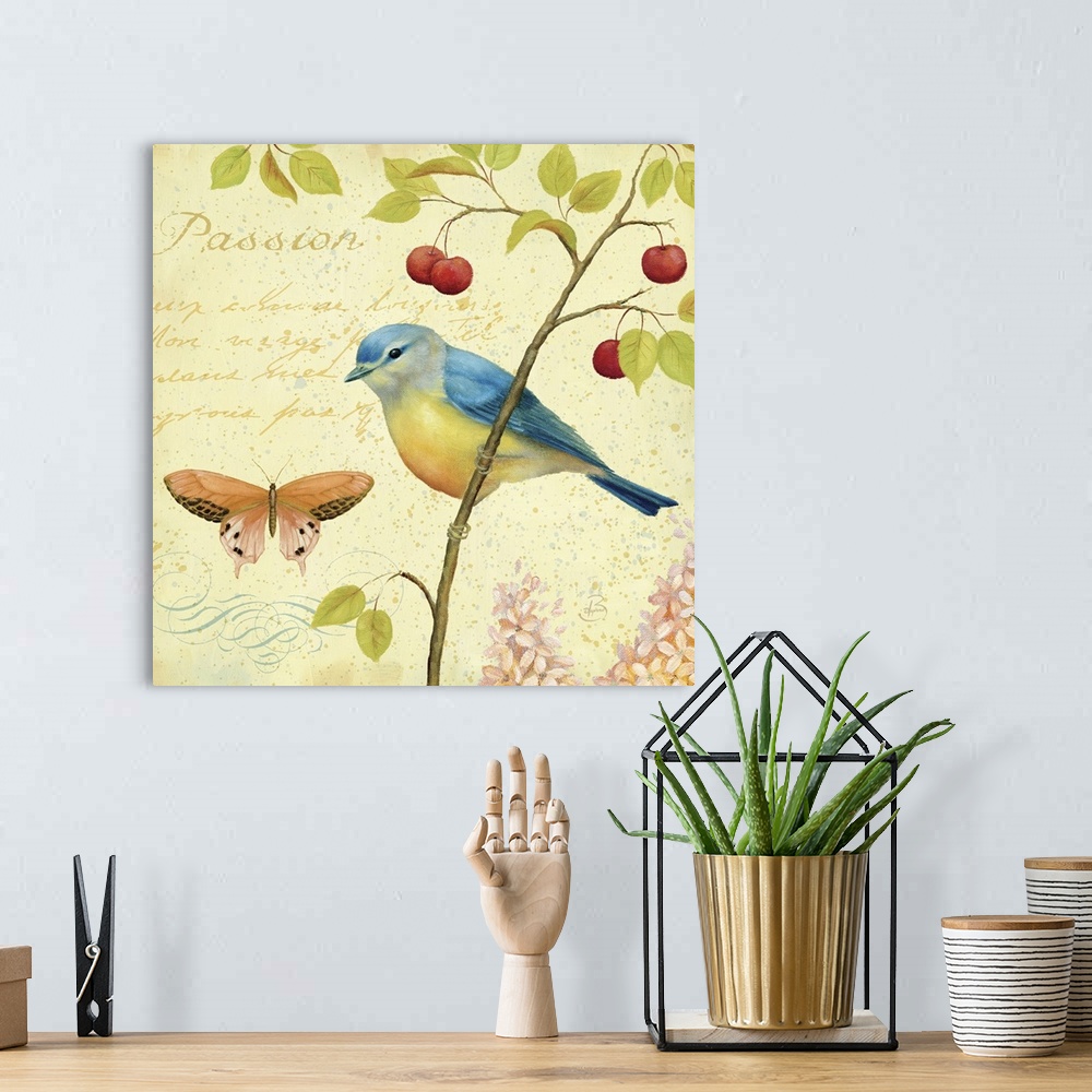 A bohemian room featuring Square home art decor on a large canvas of a bird perched on a thin branch of leaves and berries,...