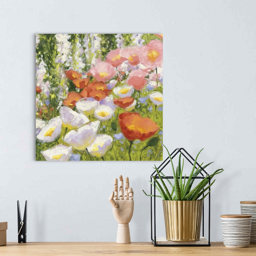 A bohemian room featuring Contemporary floral abstract painting of poppies and wildflowers in a field using warm pastel col...