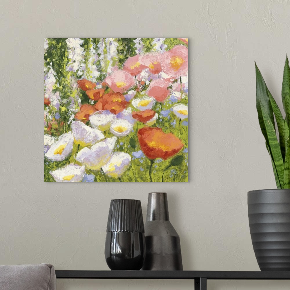 A modern room featuring Contemporary floral abstract painting of poppies and wildflowers in a field using warm pastel col...