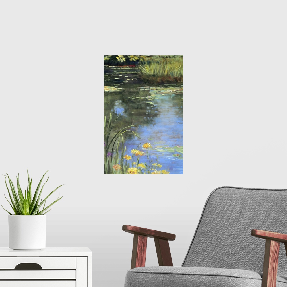 A modern room featuring Contemporary docor painting of water lilies and lily pads in a small pond, with the water reflect...