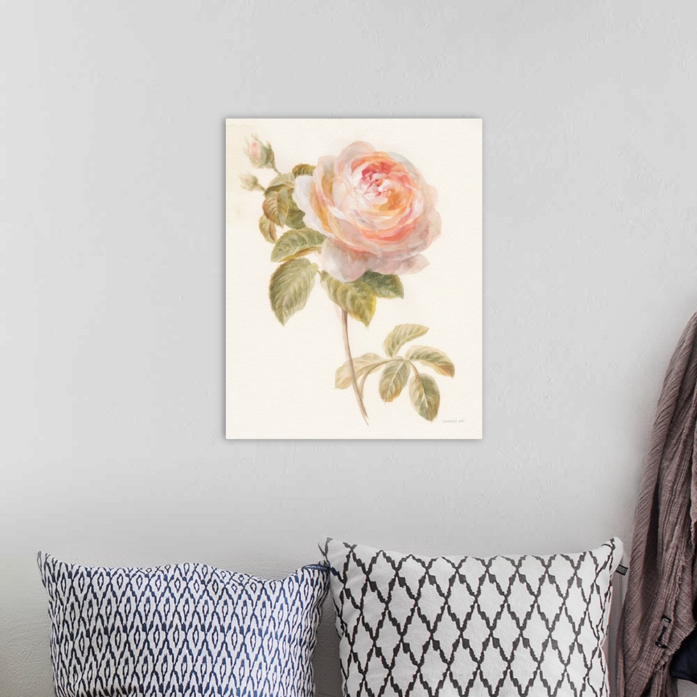 A bohemian room featuring Contemporary artwork of watercolor garden flower over a soft textured background.