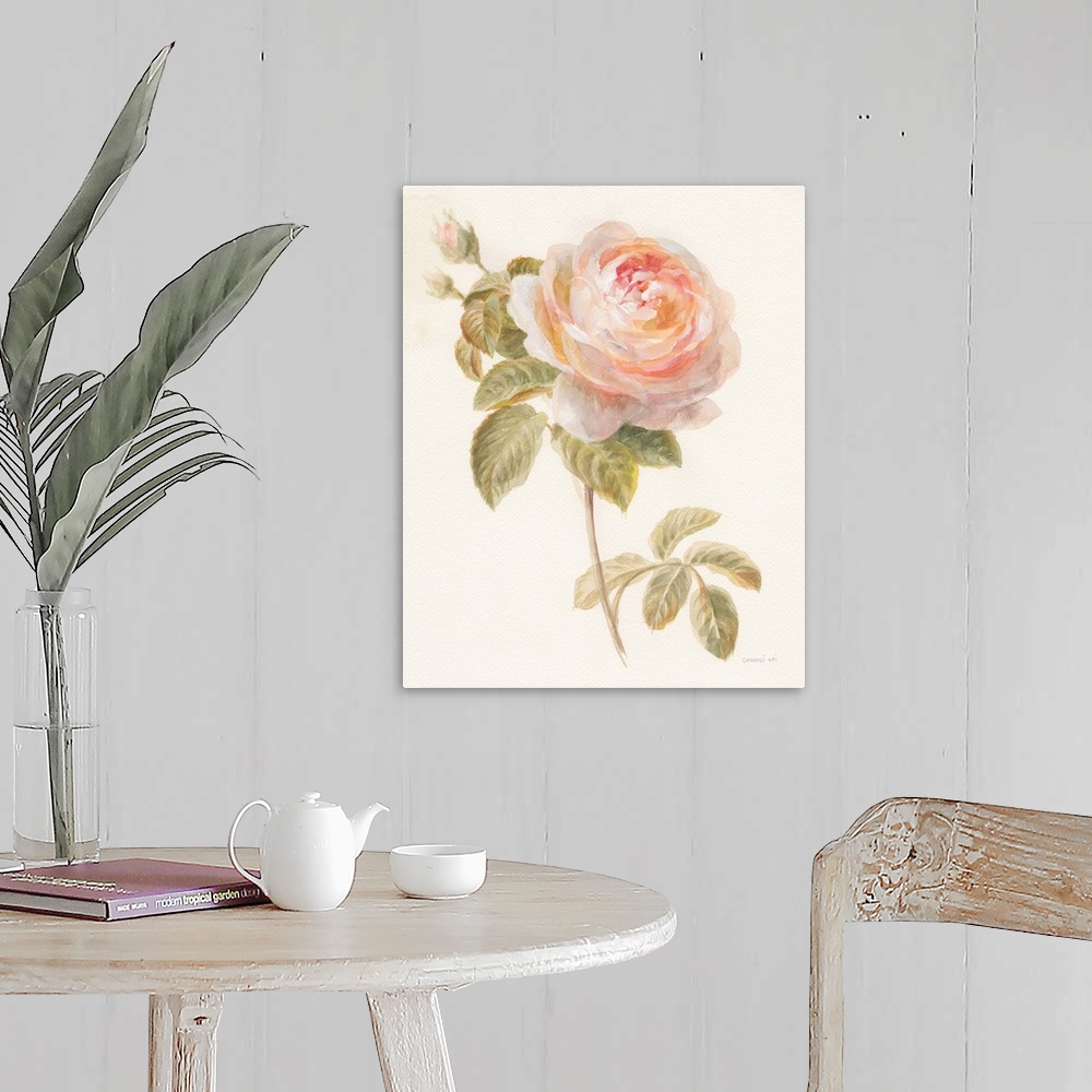 A farmhouse room featuring Contemporary artwork of watercolor garden flower over a soft textured background.