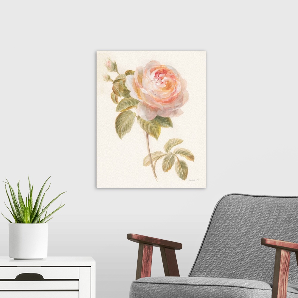 A modern room featuring Contemporary artwork of watercolor garden flower over a soft textured background.