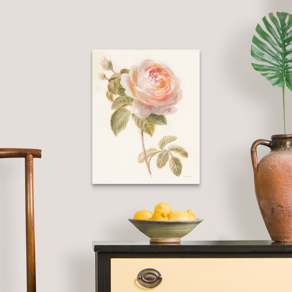 A traditional room featuring Contemporary artwork of watercolor garden flower over a soft textured background.