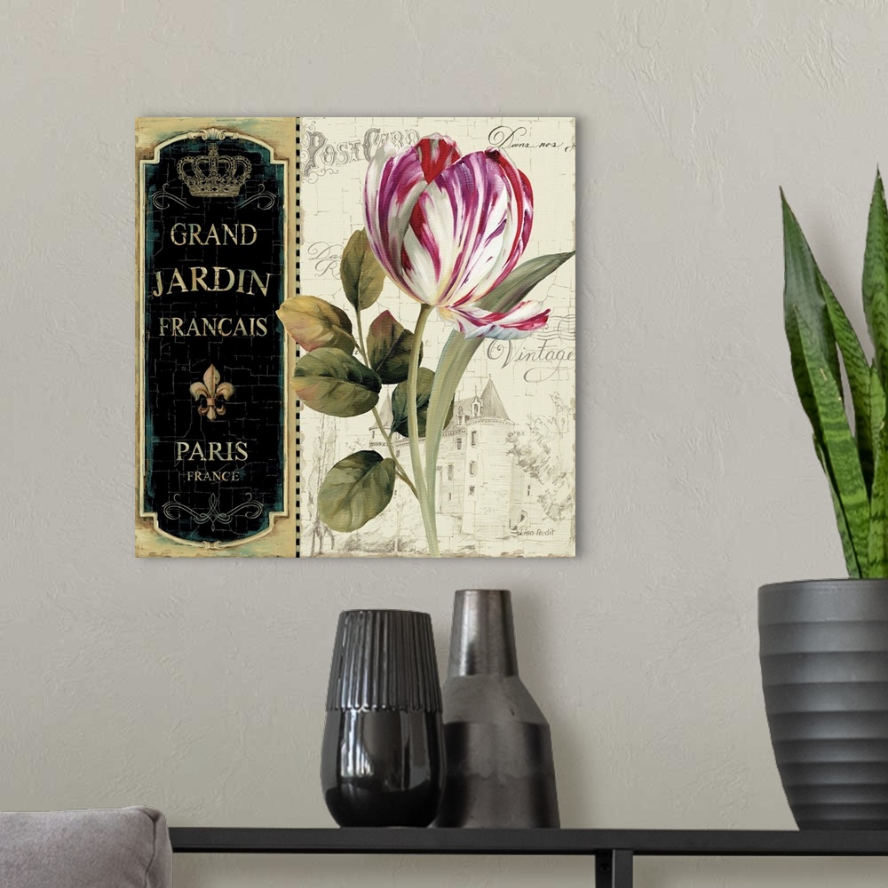 A modern room featuring Contemporary artwork of a beautiful flower against a scenic background, with text to the left of ...