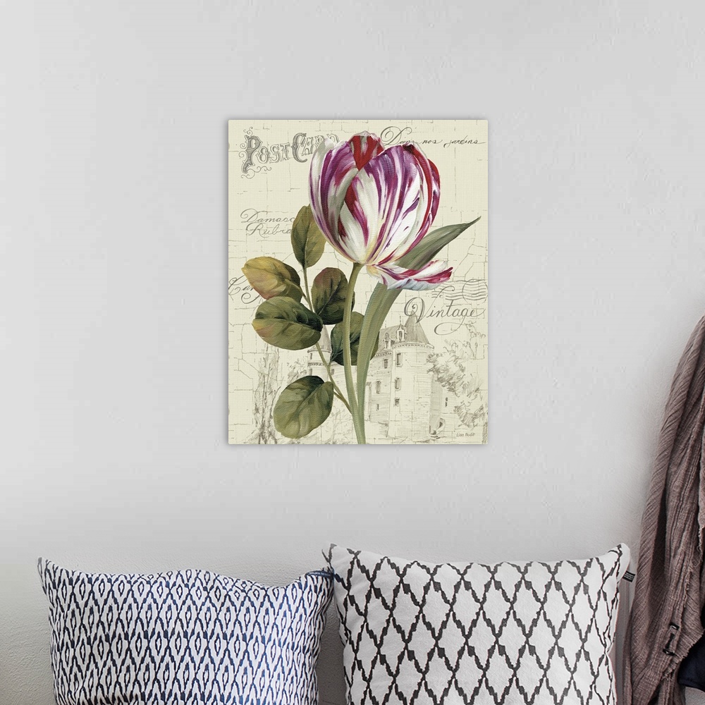 A bohemian room featuring A tulip is largely painted against an antique post card with a large stone house in the background.