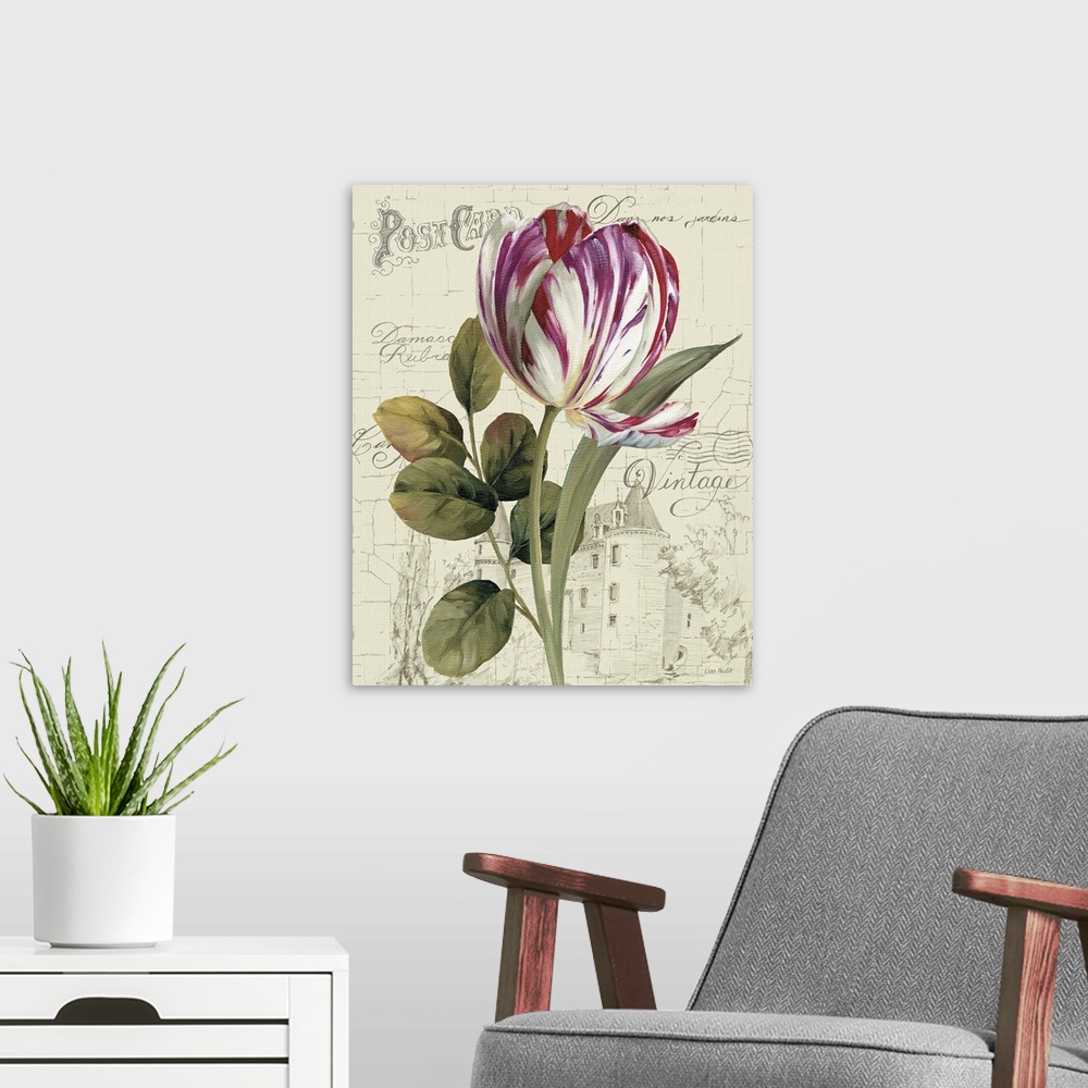 A modern room featuring A tulip is largely painted against an antique post card with a large stone house in the background.