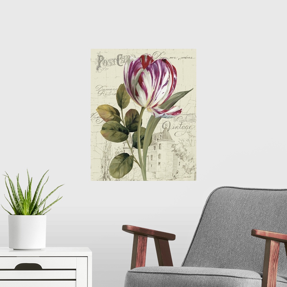 A modern room featuring A tulip is largely painted against an antique post card with a large stone house in the background.