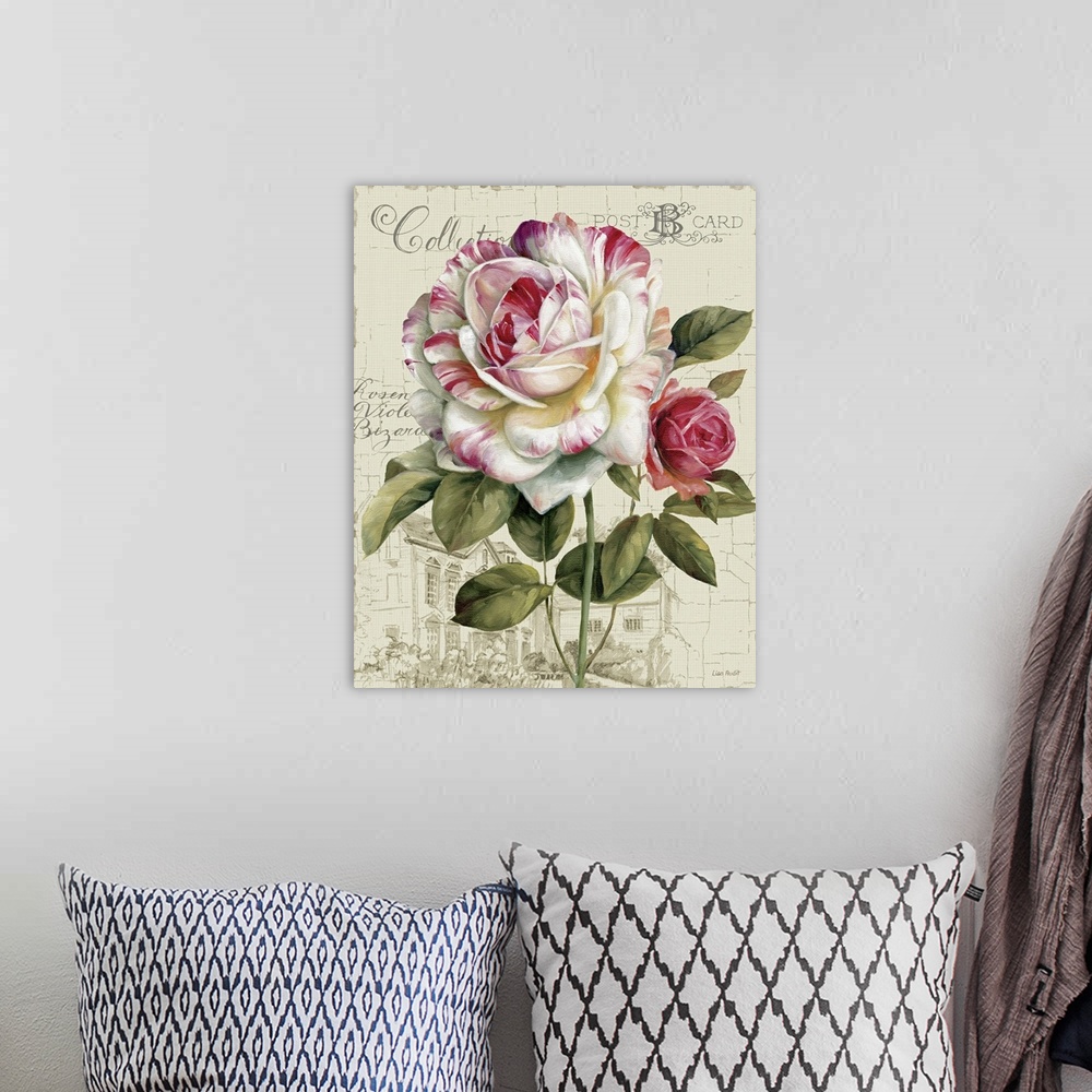 A bohemian room featuring Large canvas of a painted flower on top of a neutral background with a sketch of a house and writ...