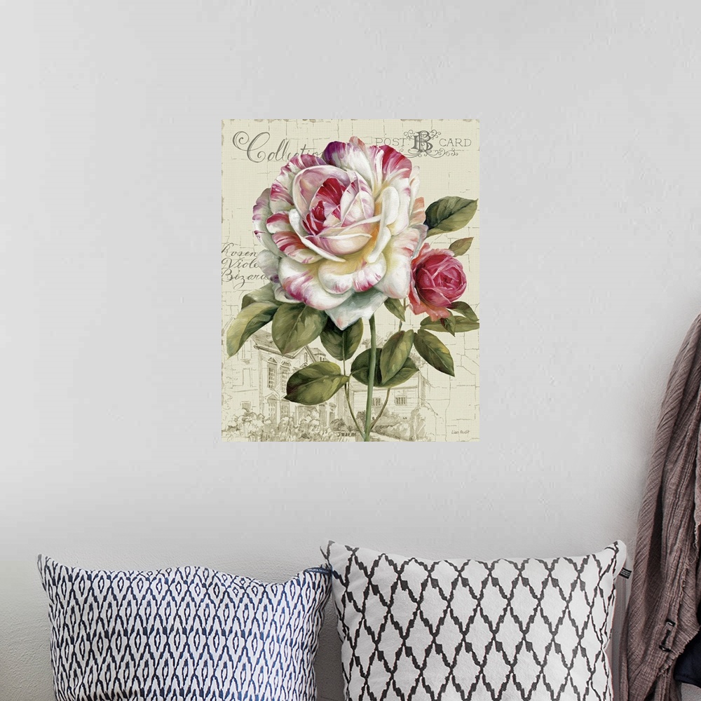 A bohemian room featuring Large canvas of a painted flower on top of a neutral background with a sketch of a house and writ...