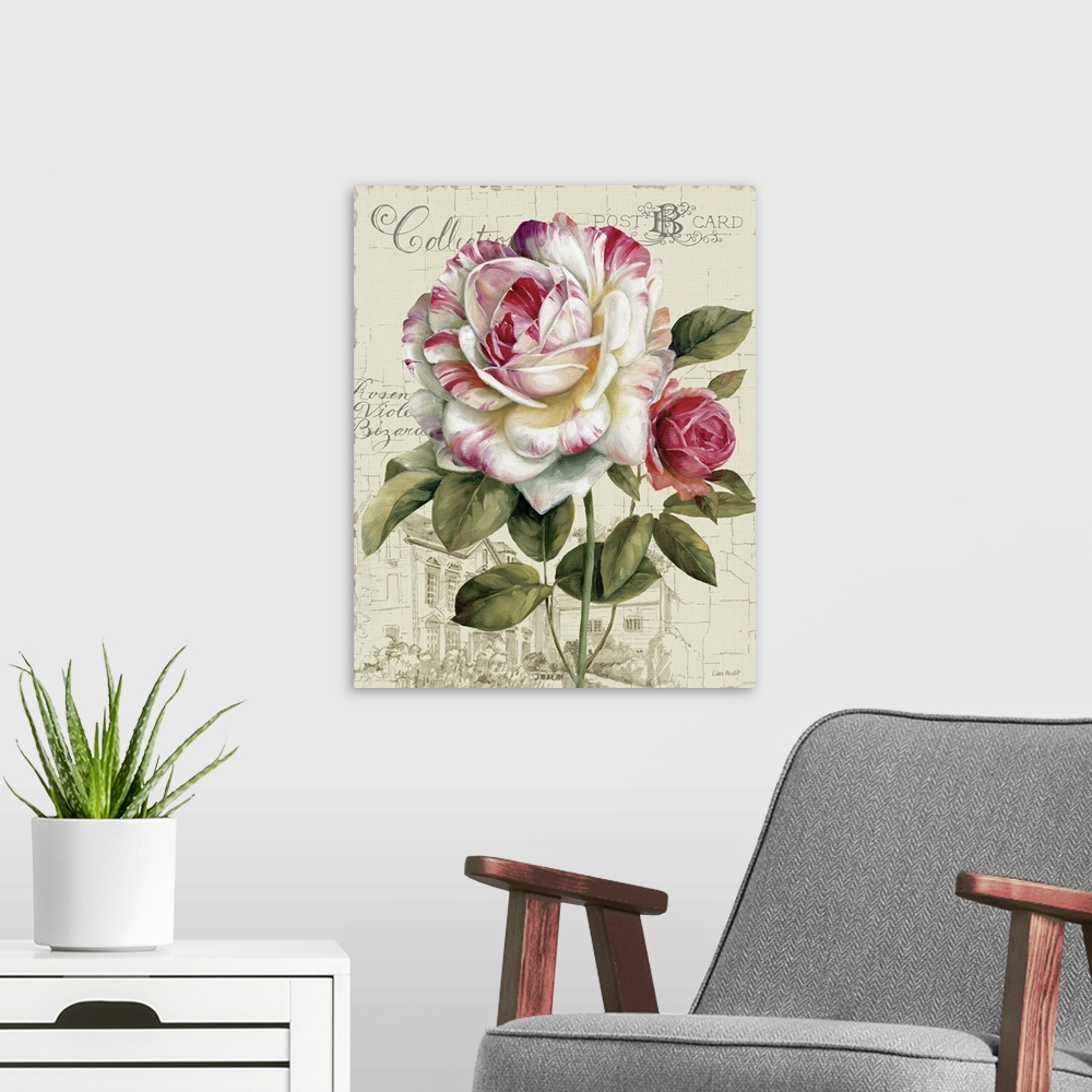 A modern room featuring Large canvas of a painted flower on top of a neutral background with a sketch of a house and writ...
