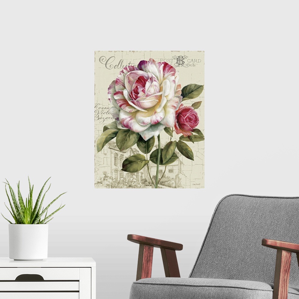 A modern room featuring Large canvas of a painted flower on top of a neutral background with a sketch of a house and writ...