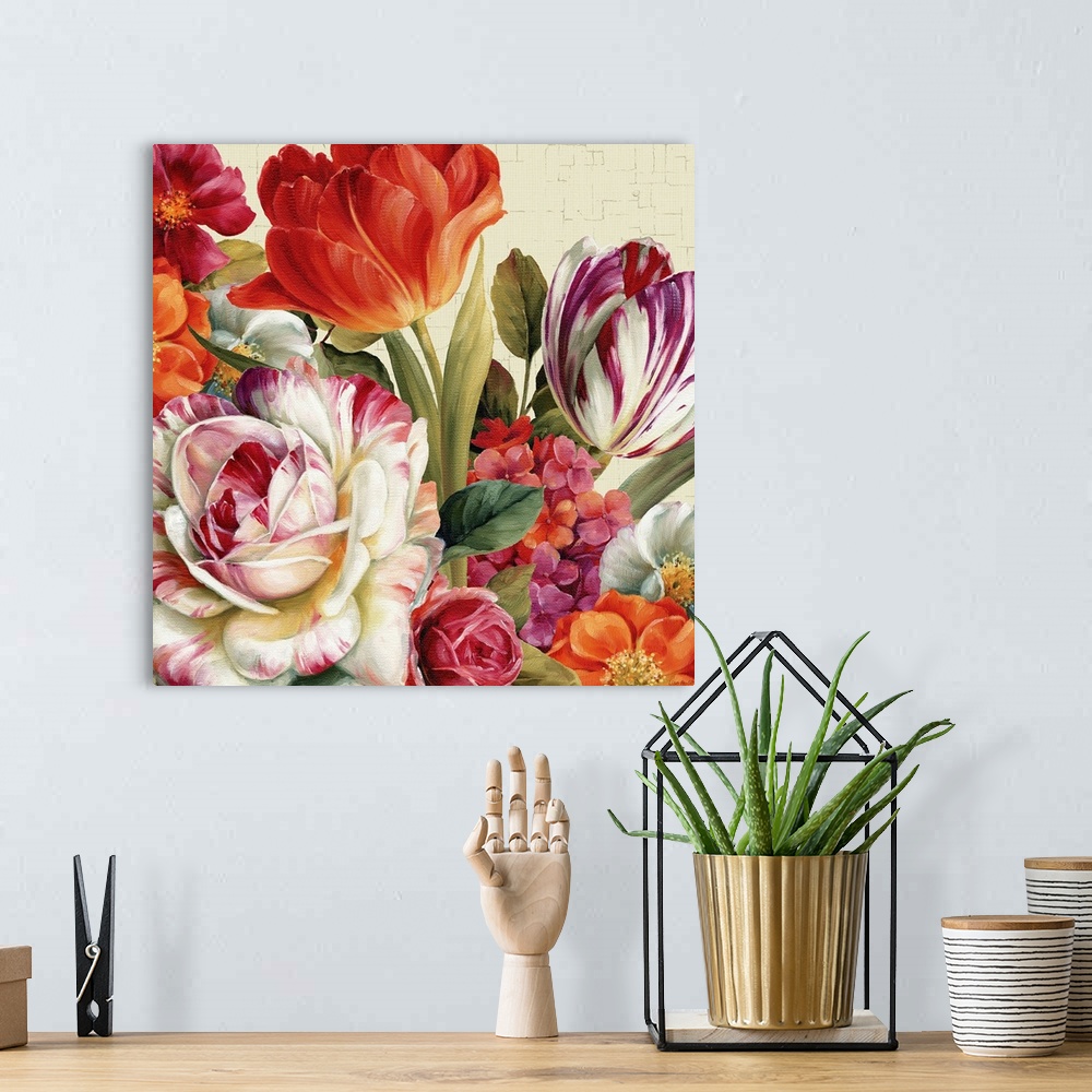 A bohemian room featuring Big contemporary art focuses on a colorful arrangement of different flowers.