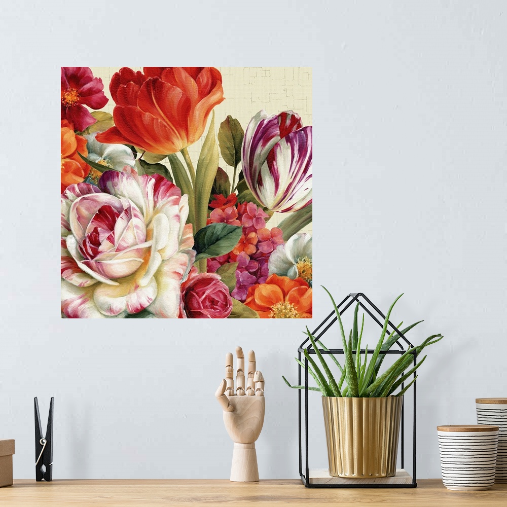 A bohemian room featuring Big contemporary art focuses on a colorful arrangement of different flowers.