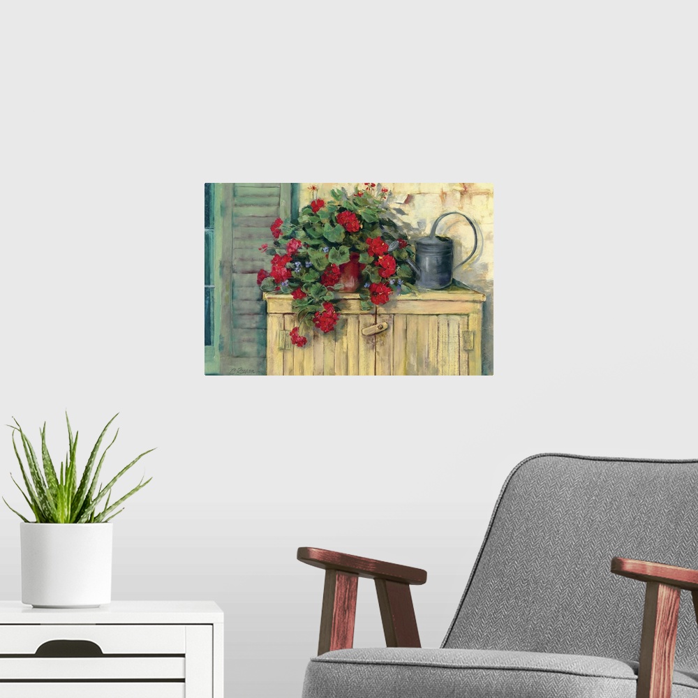 A modern room featuring Contemporary painting of a potted plant and an old-fashioned watering can on a wooden storage cra...