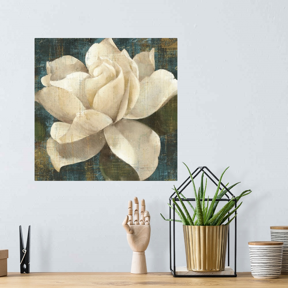 A bohemian room featuring Contemporary drawing of a large cream color gardenia blossom on a textured dark background.