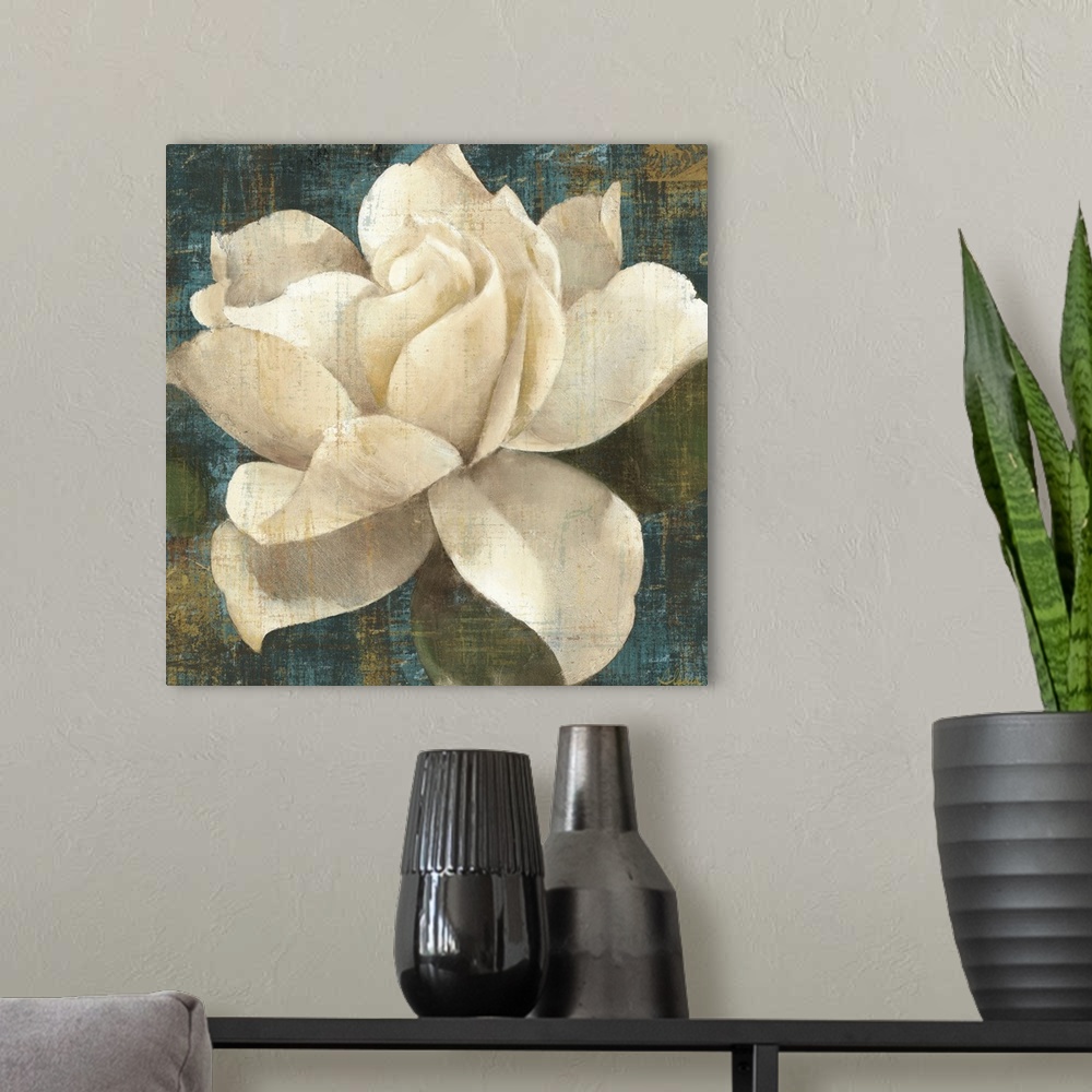 A modern room featuring Contemporary drawing of a large cream color gardenia blossom on a textured dark background.