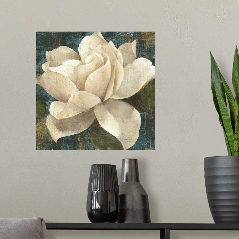 A modern room featuring Contemporary drawing of a large cream color gardenia blossom on a textured dark background.