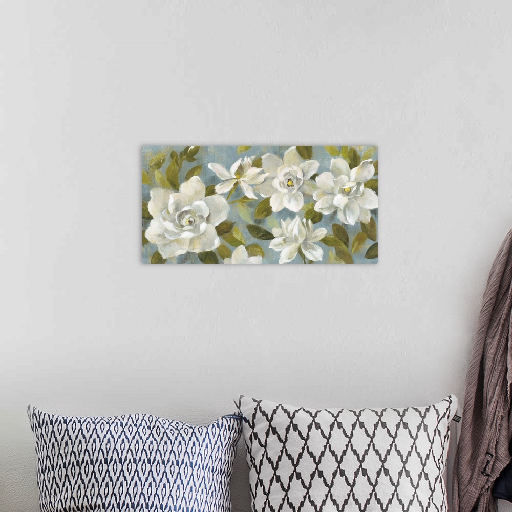 A bohemian room featuring Rectangular contemporary painting of white Gardenias on a slate blue background.